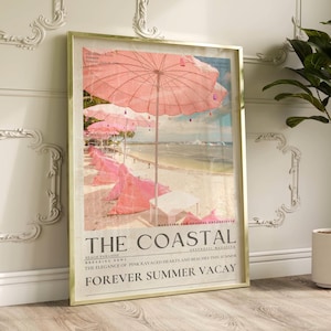 Coastal Beach Print: Pink Umbrellas, Vintage Magazine Cover (Digital Download)