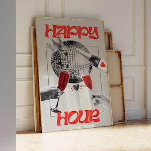 Happy Hour-poster, cheers-muurkunst, barwagenkunst, trendy roodzwarte retroprint, digitale download