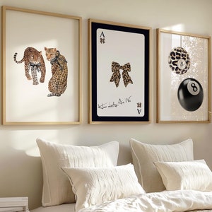 Arte de parede de leopardo de 8 bolas da moda, impressão de arco de carta de ás, impressão de parede de bola de 8 da sorte, impressão de arte de bola de bilhar de chita retrô para download