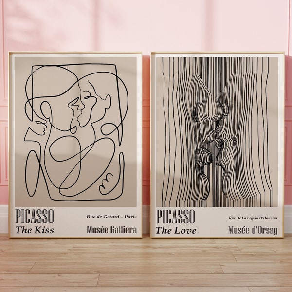 Abstract Picasso Line Drawing The Kiss/The Love Art Prints, Neutral Picasso Poster, Mid Century Modern Gallery Wall Set, Minimalist Wall Art