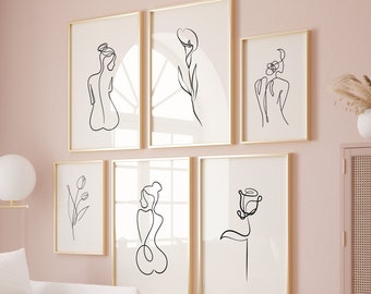 Flower One Line Drawing Art Prints, Minimalist Simple Woman Line Wall Art, Aesthetic Modern Floral and Female Continous Line Art Posters