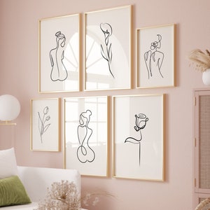 Impresiones artísticas de dibujos de flores de una sola línea, arte de pared de línea de mujer simple y minimalista, carteles de arte de línea continua femenina y floral moderno estético