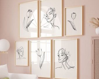 Woman Simple Line Drawing Art Prints, Minimalist Flower One Line Wall Art Tulip Posters, Aesthetic Floral and Female Line Art Wall Decor