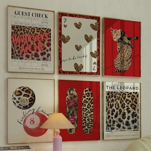 Leopard Wall Art Set, Leopard 8 Ball Poster, Leopard Lucky Prints, Red Cheetah Dorm Wall Decor, Trendy Leopard Definition Print