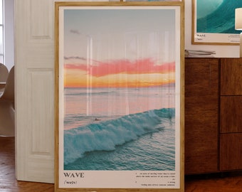 Impresión artística de olas al atardecer en la costa: Póster con la definición del océano (descarga digital)