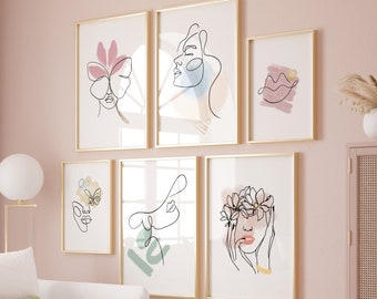 Woman Face Line Drawing Art Prints, Minimalist Boho One Line Wall Art, Watercolor Blush Female Poster, Aesthetic Femme Continous Line Art