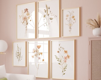 Art mural aquarelle fleurs sauvages, impression de bouquet de fleurs minimaliste lot de 6, déco murale botanique bohème, oeuvre d'art floral aquarelle neutre