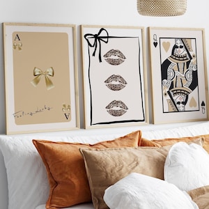 Conjunto de 3 cartas de baralho abstratas da moda, estampa da Rainha de Copas, pôster de laço de carta Ás, estampa de arte de beijo de leopardo, decoração de parede para dormitório