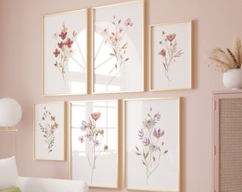 Boho Watercolor Wildflower Gallery Wall Set, Abstract Botanical 6 Piece Wall Art, Neutral Minimalist Pink Dried Wild Flower Bouquet Poster