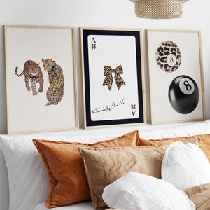Leopard Wall Art Set, Ace Card Bow Poster, How Lucky Are We Print, Lucky 8 Ball Wall Prints, Retro Cheetah Pool Ball Art Print