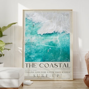 Blaue Küsten Surf up Wandkunst, Vintage Küsten Zeitungsdruck, Surfer Poster, Küsten Kunst Ozean Kunstdruck, Surfer Geschenk, Küstenwohnheim Druck