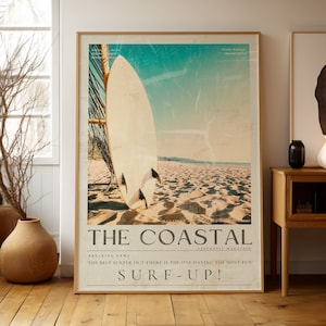 Impresión de periódico vintage Coastal Surf, póster de surfista playero chic, portada de revista Coastal Surf de los años 70, arte de pared retro, decoración de apartamentos