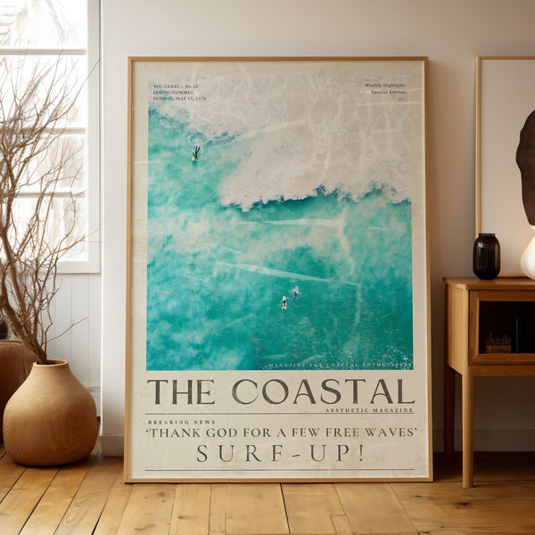 Blue Coastal Surf up Cowgirl Wall Art, Vintage 70's Newspaper Print, Chic Beach Surfer Poster, Coastal Life Surf Magazine Retro, Surfer Gift