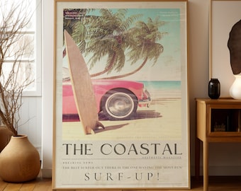 May include: A vintage-style poster with a pink car and surfboard on a beach with palm trees. The poster has the text "THE COASTAL" and "SURF-UP!" in a retro font.
