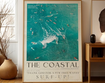Blue Coastal Surf up Cowgirl Wall Art, Vintage 70&#39;s Newspaper Print, Chic Beach Surfer Poster, Surfer Gift, Coastal art Surf Magazine Retro