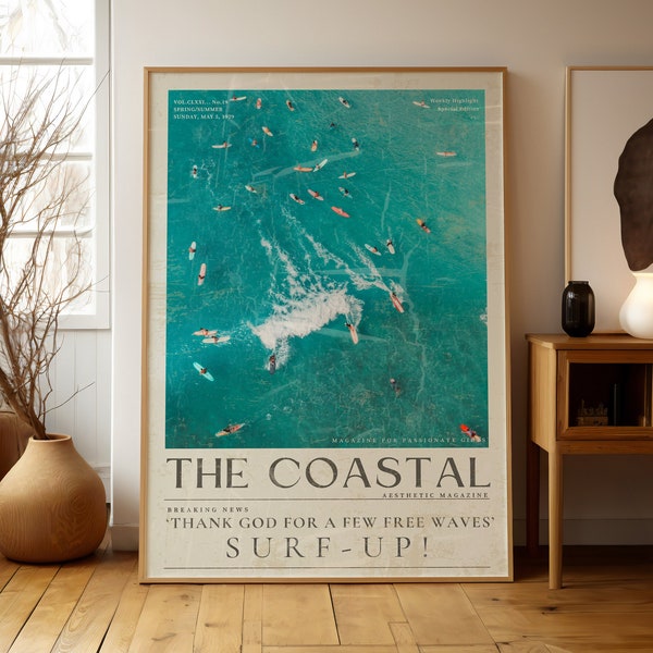 Blue Coastal Surf up Cowgirl Wall Art, Vintage 70's Newspaper Print, Chic Beach Surfer Poster, Surfer Gift, Coastal Life Surf Magazine Retro