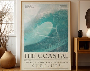May include: A framed poster featuring a large turquoise wave, with the text "THE COASTAL" and "SURF-UP!". The poster is in a light wood frame and leans against a white wall. The room has wooden floors and a window.