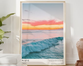 Impresión de olas del océano con puesta de sol azul, arte mural costero (descarga digital)