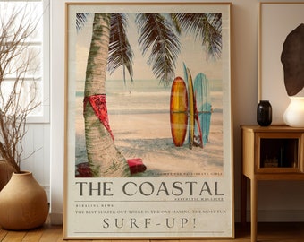 Coastal Surfboard Print: Vintage 70s Beach Newspaper Art (Digital Download)