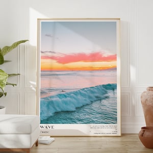 Waves Wall Art, Blue Coastal Sunset Wave Poster, Ocean Wave Definition Print, Ocean Art Print, Aesthetic Dorm Room Wall Decor, Coastal Gifts