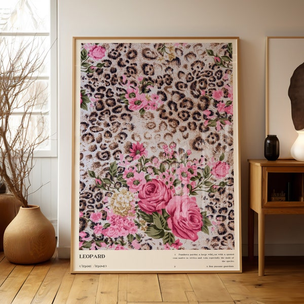 Leopard Wall Art, Photography Definition Print, Floral Pattern Leopard Poster, Above Bed Bedroom Wall Decor, Aesthetic Photography Art