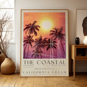 Impresión de periódico costero vintage de los años 70, arte mural californiano, póster de palmera elegante, decoración para dormitorio, impresión artística con estética femenina y moderna.