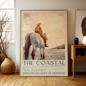 Arte mural de vaquera costera, póster de periódico vintage de los años 70 con arte costero chic, estampado de vaquera estética y moderna, regalo para amantes de los caballos y vaqueras.