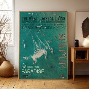 Coastal Surfer Cowgirl Magazine Cover Wall Art, Blue West Coastal Life Poster, Surf Wall Art, Surf-up Cowgirl Print, Best Gift For Surfer, Digital Download