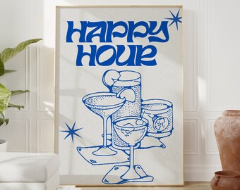 Impresión retro azul de la hora feliz: Ilustración de cóctel, decoración de carrito de bar (descarga digital)