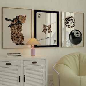 Arte de pared moderno con 8 bolas de leopardo, póster con lazo de carta de as, impresión Born To Be Lucky, impresiones de pared con 8 bolas de la suerte, impresión artística retro con bola de billar de guepardo