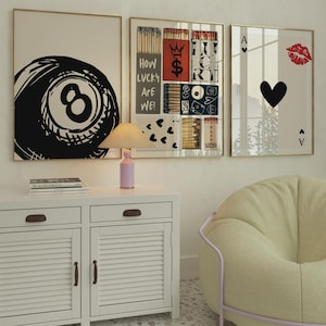 Láminas retro de cajas de cerillas, arte mural "Qué suerte tenemos", póster de la bola ocho, lámina de pared del as de corazones, decoración de pared para dormitorio, descarga digital