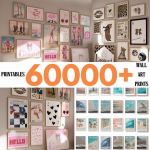 Könnte beinhalten: Eine Collage aus über 60.000 druckbaren Wandbildern. Die Drucke zeigen eine Vielzahl von Designs, darunter geometrische Muster, Tiere und Text. Die Drucke sind in einem Rastermuster an einer weißen Wand angeordnet.