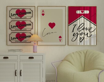 Red Retro Wall Art: Ace Card, Love Coupon Prints (Digital Download)