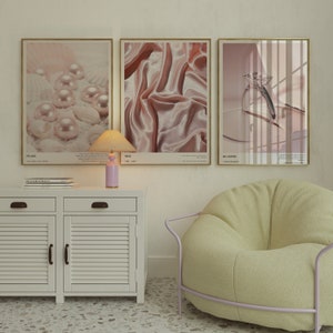 Juego de 3 pósteres de arte mural rosa, pósteres rosas para interiores con colores suaves, decoración estética para habitaciones femeninas, arte mural moderno, decoración de pared para apartamentos preppy.