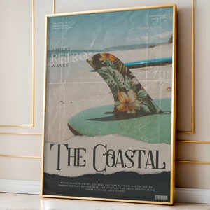 Retro The Coastal Surf Magazine Print Surf up Wall Art, Surf Board Surfer Poster, Beach House and Dorm Room Decor, The Coastal Series