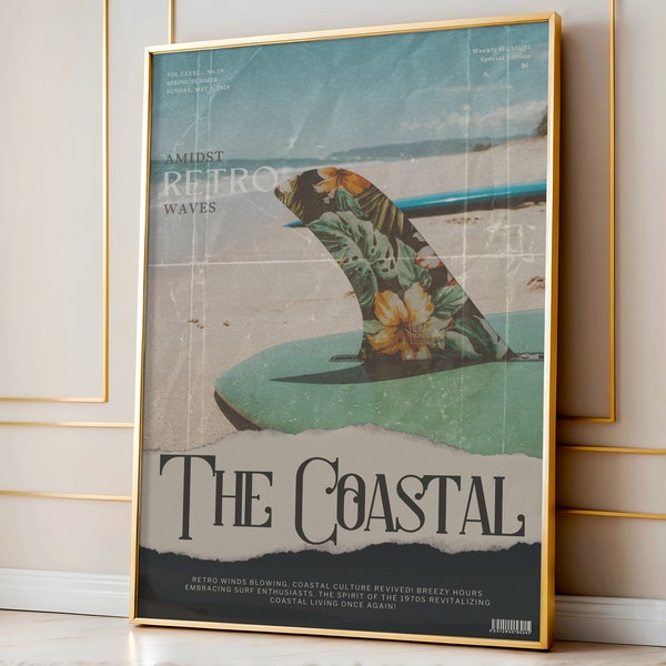 Retro The Coastal Surf Magazine Print Surf up Wall Art, Surf Board Surfer Poster, Beach House and Dorm Room Decor, The Coastal Series