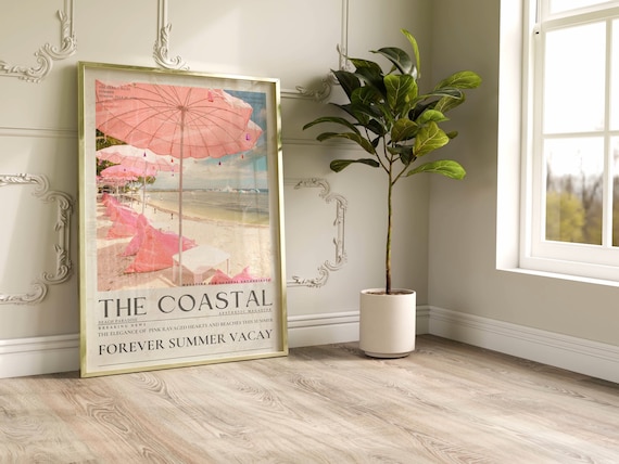 Coastal Beach Print: Pink Umbrellas, Vintage Magazine Cover (Digital Download)