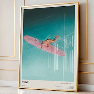 Arte mural con definición de surf, impresión de surf costero, póster elegante de tabla de surf rosa, impresión artística estética del océano, decoración de dormitorio, decoración de pared para dormitorio