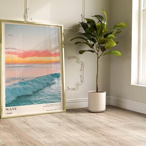 May include: A framed print with a photograph of a large wave crashing in the ocean at sunset. The print has the word "WAVE" and the definition "/weɪv/" printed below the image.