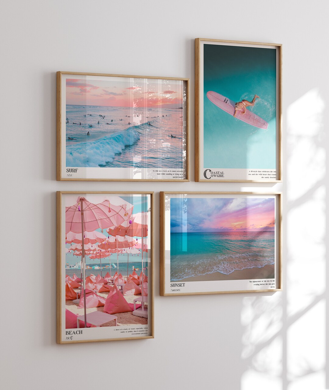 Pink Coastal Cowgirl Wall Art, Coastal Beach Surf Sunset Prints Set of ...
