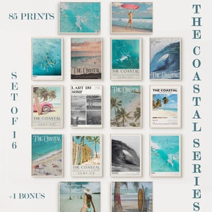 May include: A set of 16 vintage-style prints featuring beach and surf scenes. The prints are in a retro style with bold colours and typography. The prints are titled "The Coastal" and feature images of surfers, palm trees, and waves. The set also includes a bonus print.
