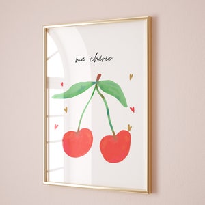 Cartel de cereza, arte de pared retro coqueta de Ma Cherie de los años 70, impresión de ilustración de moda estética preppy, decoración de pared de apartamento femenino funky Y2k