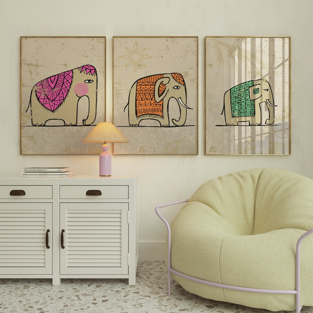 Boho Elephant Wall Art Prints: Mandala Indian Decor (set of 3) (digital ...