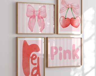Pink & Red Bow Cherry Wall Art Prints: Girly Dorm Decor (Digital Download)