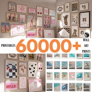 May include: A collage of over 60,000 printable wall art prints. The prints feature a variety of designs, including geometric patterns, animals, and text. The prints are arranged in a grid pattern on a white wall.