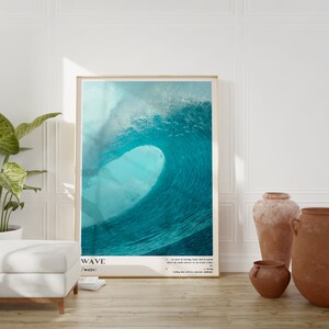 May include: A framed poster with a photograph of a large, turquoise blue wave crashing. The poster has the word "WAVE" and the phonetic spelling "/weɪv/" printed at the bottom.