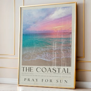 Impresión de periódico vintage de verano costero, póster "Pray For Sun", revista "Atardecer inspirado en el océano costero", decoración de pared para dormitorio