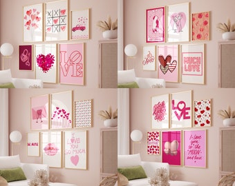 May include: A pink wall gallery featuring a collection of framed prints with Valentine's Day themes. The prints feature hearts, love-themed text, and other romantic imagery.