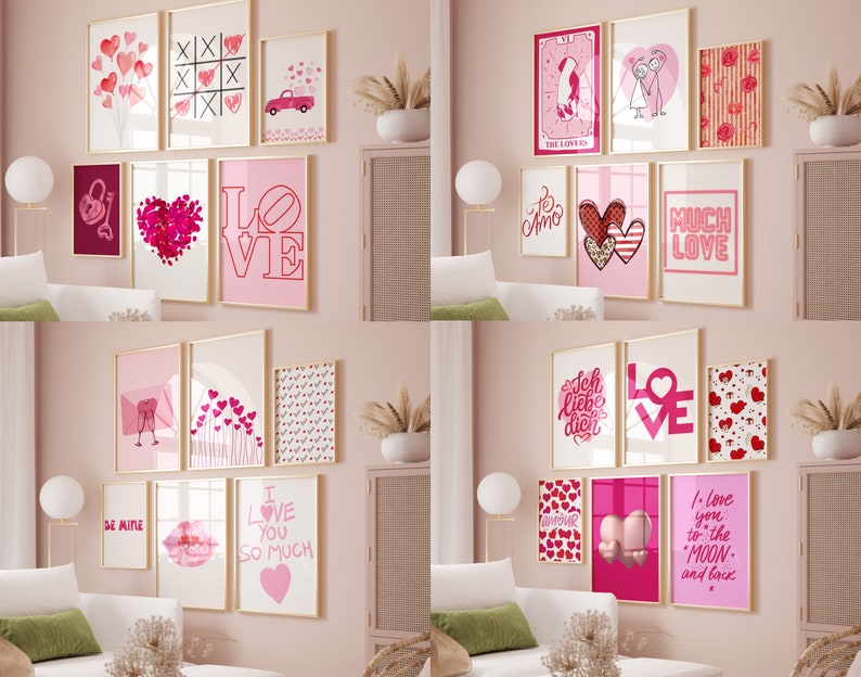 May include: A pink wall gallery featuring a collection of framed prints with Valentine's Day themes. The prints feature hearts, love-themed text, and other romantic imagery.