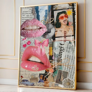 Modna, elegancka różowa sztuka ścienna, wydruk kolażu w stylu retro vintage, plakat Lips Funky Y2k, dziewczęca dekoracja ścienna do sypialni, pobieranie cyfrowe